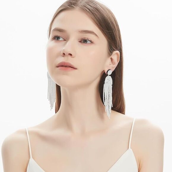 Long Boho White Beaded Tassel Fringe Dangling Drop Fan Chandelier Post Earrings - Picture 7 of 7